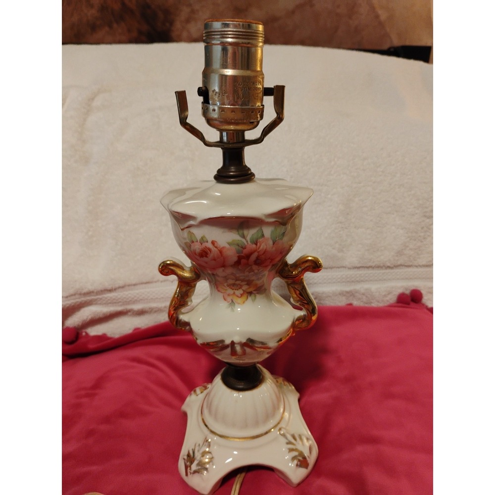 Antique Germany '15108' Porcelain Figural Table Lamp Rose Design‎ With 24K Gold